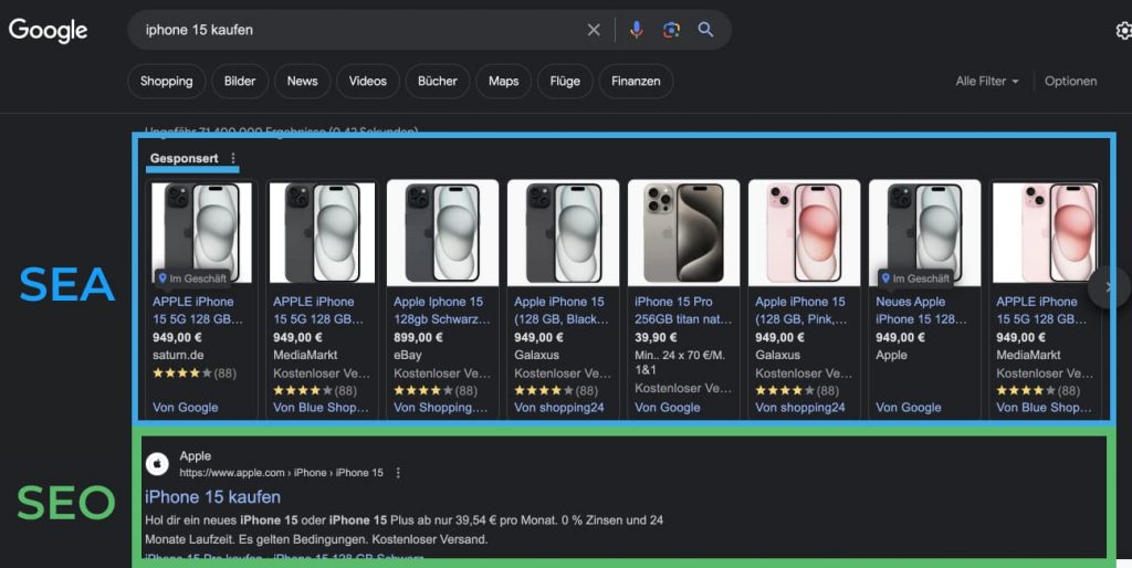 Auf diesem Bild wird angezeigt was der Unterschied von SEO vs SEA ist.