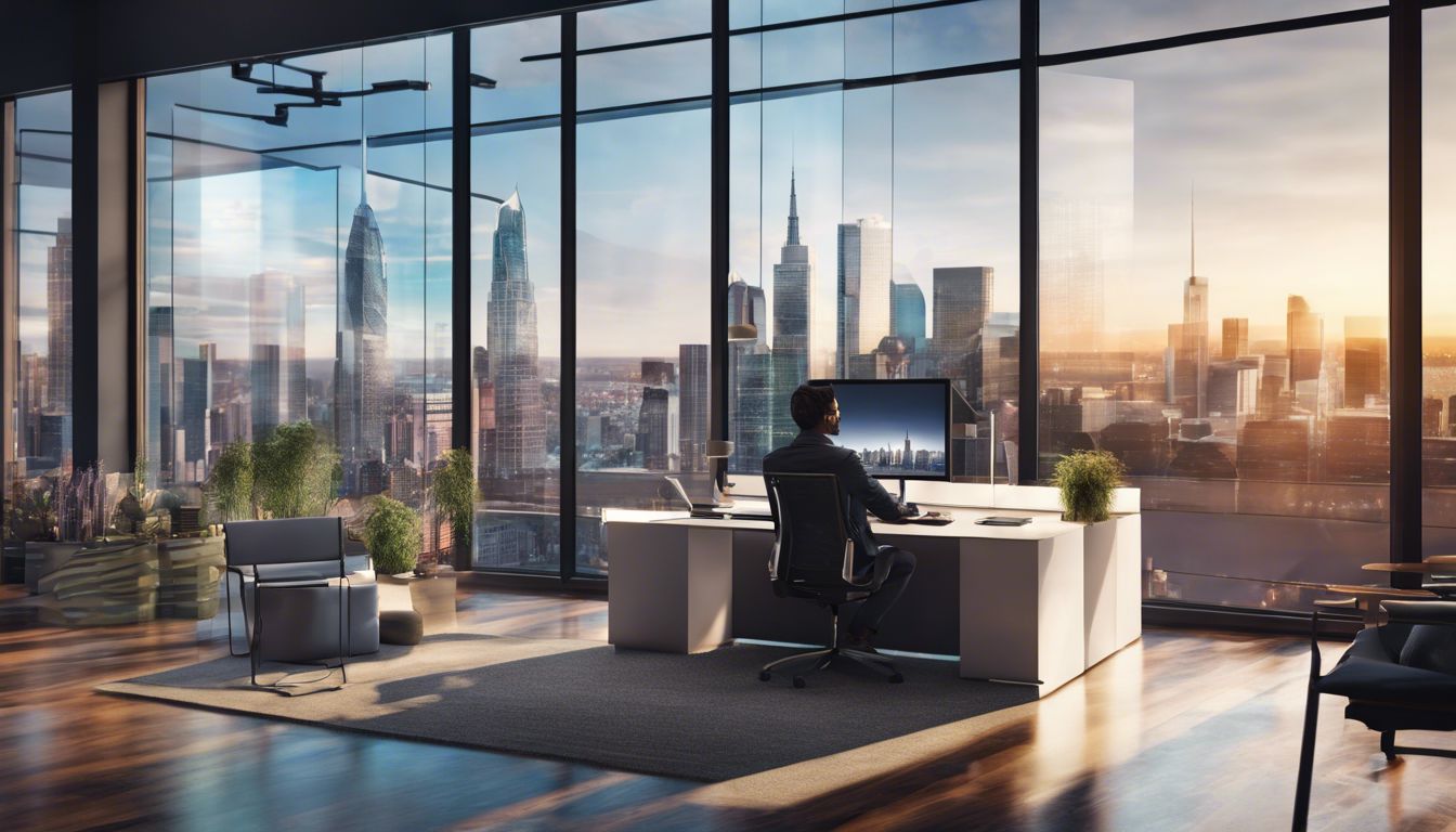 Eine Person arbeitet in einem modernen Büro mit Stadtblick.